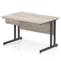 Impulse 1200 x 800mm Scalloped Edge Straight Office Desk Grey Oak Top Black Cantilever Leg Workstation 1 x 1 Drawer Fixed Pedestal