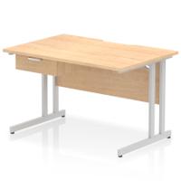 Impulse 1200 x 800mm Scalloped Edge Straight Office Desk Maple Top Silver Cantilever Leg Workstation 1 x 1 Drawer Fixed Pedestal