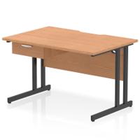 Impulse 1200 x 800mm Scalloped Edge Straight Office Desk Oak Top Black Cantilever Leg Workstation 1 x 1 Drawer Fixed Pedestal