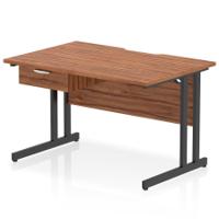 Impulse 1200 x 800mm Scalloped Edge Straight Office Desk Walnut Top Black Cantilever Leg Workstation 1 x 1 Drawer Fixed Pedestal