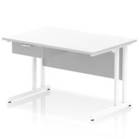 Impulse 1200 x 800mm Scalloped Edge Straight Office Desk White Top White Cantilever Leg Workstation 1 x 1 Drawer Fixed Pedestal