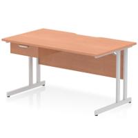 Impulse 1400 x 800mm Scalloped Edge Straight Office Desk Beech Top Silver Cantilever Leg Workstation 1 x 1 Drawer Fixed Pedestal
