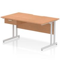 Impulse 1400 x 800mm Scalloped Edge Straight Office Desk Oak Top Silver Cantilever Leg Workstation 1 x 1 Drawer Fixed Pedestal