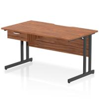 Impulse 1400 x 800mm Scalloped Edge Straight Office Desk Walnut Top Black Cantilever Leg Workstation 1 x 1 Drawer Fixed Pedestal