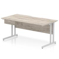 Impulse 1600 x 800mm Scalloped Edge Straight Office Desk Grey Oak Top Silver Cantilever Leg Workstation 1 x 1 Drawer Fixed Pedestal