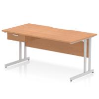 Impulse 1600 x 800mm Scalloped Edge Straight Office Desk Oak Top Silver Cantilever Leg Workstation 1 x 1 Drawer Fixed Pedestal