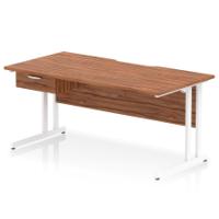 Impulse 1600 x 800mm Scalloped Edge Straight Office Desk Walnut Top White Cantilever Leg Workstation 1 x 1 Drawer Fixed Pedestal