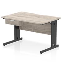 Impulse 1200 x 800mm Scalloped Edge Straight Office Desk Grey Oak Top Black Cable Managed Leg Workstation 1 x 1 Drawer Fixed Pedestal