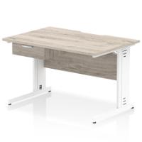 Impulse 1200 x 800mm Scalloped Edge Straight Office Desk Grey Oak Top White Cable Managed Leg Workstation 1 x 1 Drawer Fixed Pedestal