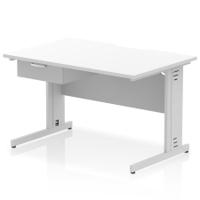 Impulse 1200 x 800mm Scalloped Edge Straight Office Desk White Top Silver Cable Managed Leg Workstation 1 x 1 Drawer Fixed Pedestal