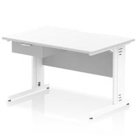 Impulse 1200 x 800mm Scalloped Edge Straight Office Desk White Top White Cable Managed Leg Workstation 1 x 1 Drawer Fixed Pedestal