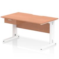 Impulse 1400 x 800mm Scalloped Edge Straight Office Desk Beech Top White Cable Managed Leg Workstation 1 x 1 Drawer Fixed Pedestal