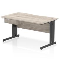 Impulse 1400 x 800mm Scalloped Edge Straight Office Desk Grey Oak Top Black Cable Managed Leg Workstation 1 x 1 Drawer Fixed Pedestal