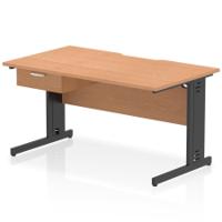 Impulse 1400 x 800mm Scalloped Edge Straight Office Desk Oak Top Black Cable Managed Leg Workstation 1 x 1 Drawer Fixed Pedestal