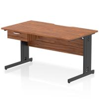 Impulse 1400 x 800mm Scalloped Edge Straight Office Desk Walnut Top Black Cable Managed Leg Workstation 1 x 1 Drawer Fixed Pedestal