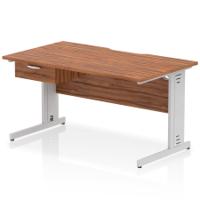 Impulse 1400 x 800mm Scalloped Edge Straight Office Desk Walnut Top Silver Cable Managed Leg Workstation 1 x 1 Drawer Fixed Pedestal