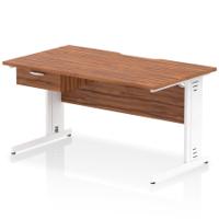 Impulse 1400 x 800mm Scalloped Edge Straight Office Desk Walnut Top White Cable Managed Leg Workstation 1 x 1 Drawer Fixed Pedestal