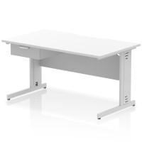 Impulse 1400 x 800mm Scalloped Edge Straight Office Desk White Top Silver Cable Managed Leg Workstation 1 x 1 Drawer Fixed Pedestal