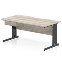 Impulse 1600 x 800mm Scalloped Edge Straight Office Desk Grey Oak Top Black Cable Managed Leg Workstation 1 x 1 Drawer Fixed Pedestal