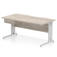 Impulse 1600 x 800mm Scalloped Edge Straight Office Desk Grey Oak Top Silver Cable Managed Leg Workstation 1 x 1 Drawer Fixed Pedestal