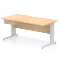 Impulse 1600 x 800mm Scalloped Edge Straight Office Desk Maple Top Silver Cable Managed Leg Workstation 1 x 1 Drawer Fixed Pedestal