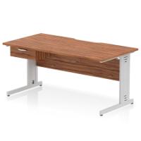 Impulse 1600 x 800mm Scalloped Edge Straight Office Desk Walnut Top Silver Cable Managed Leg Workstation 1 x 1 Drawer Fixed Pedestal