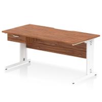 Impulse 1600 x 800mm Scalloped Edge Straight Office Desk Walnut Top White Cable Managed Leg Workstation 1 x 1 Drawer Fixed Pedestal