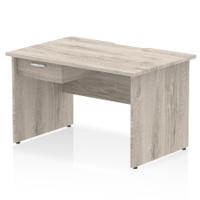 Impulse 1200 x 800mm Scalloped Edge Straight Office Desk Grey Oak Top Panel End Leg Workstation 1 x 1 Drawer Fixed Pedestal
