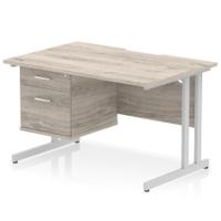 Impulse 1200 x 800mm Scalloped Edge Straight Office Desk Grey Oak Top Silver Cantilever Leg Workstation 1 x 2 Drawer Fixed Pedestal