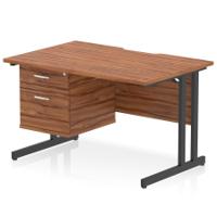 Impulse 1200 x 800mm Scalloped Edge Straight Office Desk Walnut Top Black Cantilever Leg Workstation 1 x 2 Drawer Fixed Pedestal