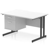 Impulse 1200 x 800mm Scalloped Edge Straight Office Desk White Top Black Cantilever Leg Workstation 1 x 2 Drawer Fixed Pedestal