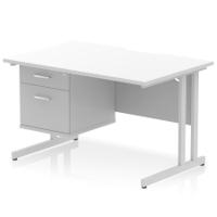 Impulse 1200 x 800mm Scalloped Edge Straight Office Desk White Top Silver Cantilever Leg Workstation 1 x 2 Drawer Fixed Pedestal