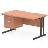 Impulse 1400 x 800mm Scalloped Edge Straight Office Desk Beech Top Black Cantilever Leg Workstation 1 x 2 Drawer Fixed Pedestal