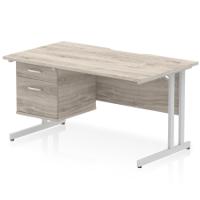 Impulse 1400 x 800mm Scalloped Edge Straight Office Desk Grey Oak Top Silver Cantilever Leg Workstation 1 x 2 Drawer Fixed Pedestal