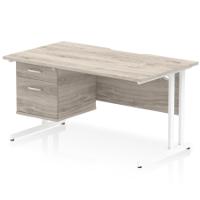 Impulse 1400 x 800mm Scalloped Edge Straight Office Desk Grey Oak Top White Cantilever Leg Workstation 1 x 2 Drawer Fixed Pedestal