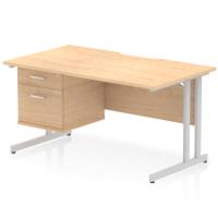 Impulse 1400 x 800mm Scalloped Edge Straight Office Desk Maple Top Silver Cantilever Leg Workstation 1 x 2 Drawer Fixed Pedestal