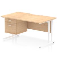Impulse 1400 x 800mm Scalloped Edge Straight Office Desk Maple Top White Cantilever Leg Workstation 1 x 2 Drawer Fixed Pedestal