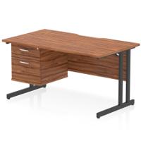 Impulse 1400 x 800mm Scalloped Edge Straight Office Desk Walnut Top Black Cantilever Leg Workstation 1 x 2 Drawer Fixed Pedestal
