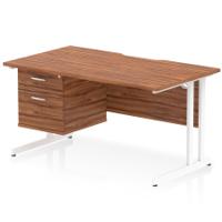 Impulse 1400 x 800mm Scalloped Edge Straight Office Desk Walnut Top White Cantilever Leg Workstation 1 x 2 Drawer Fixed Pedestal