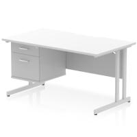 Impulse 1400 x 800mm Scalloped Edge Straight Office Desk White Top Silver Cantilever Leg Workstation 1 x 2 Drawer Fixed Pedestal