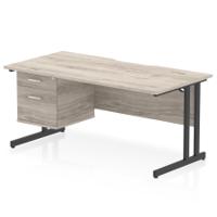 Impulse 1600 x 800mm Scalloped Edge Straight Office Desk Grey Oak Top Black Cantilever Leg Workstation 1 x 2 Drawer Fixed Pedestal
