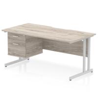 Impulse 1600 x 800mm Scalloped Edge Straight Office Desk Grey Oak Top Silver Cantilever Leg Workstation 1 x 2 Drawer Fixed Pedestal