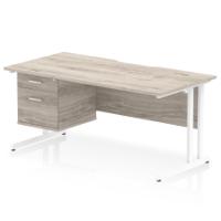 Impulse 1600 x 800mm Scalloped Edge Straight Office Desk Grey Oak Top White Cantilever Leg Workstation 1 x 2 Drawer Fixed Pedestal