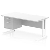 Impulse 1600 x 800mm Scalloped Edge Straight Office Desk White Top White Cantilever Leg Workstation 1 x 2 Drawer Fixed Pedestal