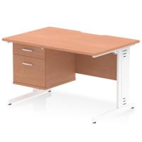 Impulse 1200 x 800mm Scalloped Edge Straight Office Desk Beech Top White Cable Managed Leg Workstation 1 x 2 Drawer Fixed Pedestal