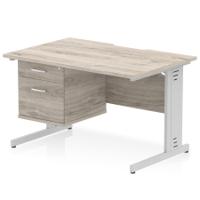 Impulse 1200 x 800mm Scalloped Edge Straight Office Desk Grey Oak Top Silver Cable Managed Leg Workstation 1 x 2 Drawer Fixed Pedestal