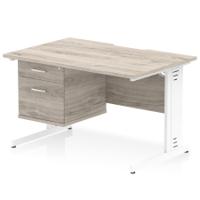 Impulse 1200 x 800mm Scalloped Edge Straight Office Desk Grey Oak Top White Cable Managed Leg Workstation 1 x 2 Drawer Fixed Pedestal