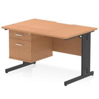 Impulse 1200 x 800mm Scalloped Edge Straight Office Desk Oak Top Black Cable Managed Leg Workstation 1 x 2 Drawer Fixed Pedestal
