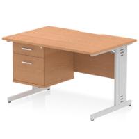Impulse 1200 x 800mm Scalloped Edge Straight Office Desk Oak Top Silver Cable Managed Leg Workstation 1 x 2 Drawer Fixed Pedestal
