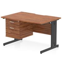 Impulse 1200 x 800mm Scalloped Edge Straight Office Desk Walnut Top Black Cable Managed Leg Workstation 1 x 2 Drawer Fixed Pedestal